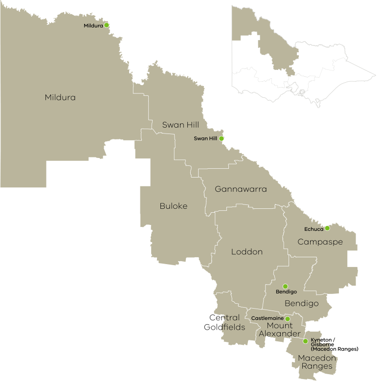 The Loddon Mallee region covers ten local government areas: Buloke Shire, Campaspe Shire, Central Goldfields Shire, City of Greater Bendigo, Gannawarra Shire, Loddon Shire, Macedon Ranges Shire, Mildura Rural City, Mount Alexander Shire, and Swan Hill Rural City.