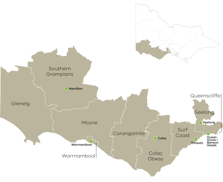 The Barwon South West region covers nine local government areas: Colac Otway Shire, Corangamite Shire, Glenelg Shire, Greater Geelong, Moyne Shire, Queenscliffe Borough, Southern Grampians Shire, Surf Coast Shire, and Warrnambool City.