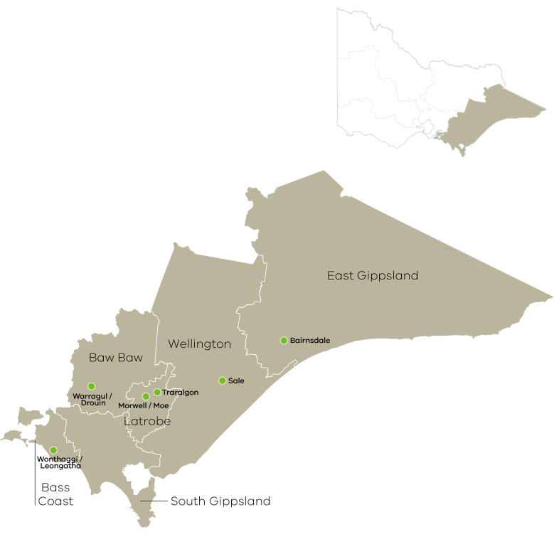 The Gippsland region covers six local government areas: Bass Coast Shire, Baw Baw Shire, East Gippsland Shire, Latrobe City, South Gippsland Shire, and Wellington Shire.