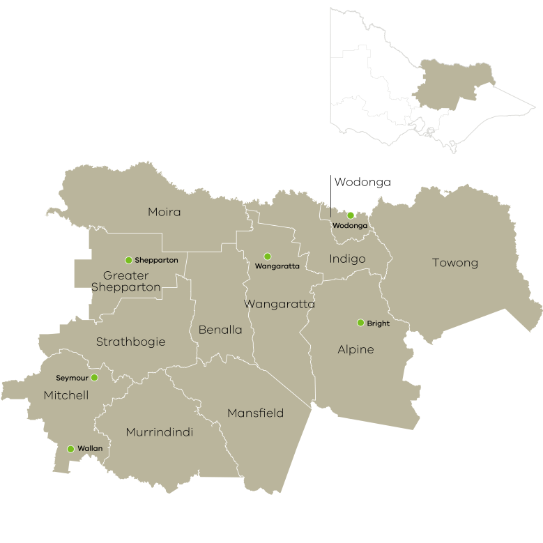 The Hume region covers twelve local government areas: Alpine Shire, Benalla Rural City, City of Wodonga, Greater Shepparton City, Indigo Shire, Mansfield Shire, Mitchell Shire, Moira Shire, Murrindindi Shire, Strathbogie Shire, Towong Shire, and Wangaratta Rural City. 